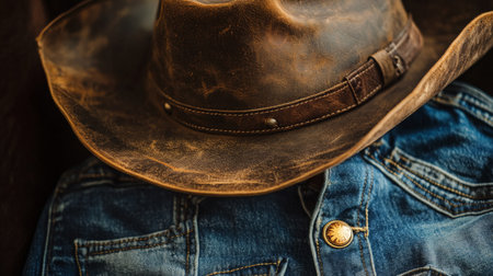 Weathered cowboy hat resting on a denim jacket in a rustic settingの素材