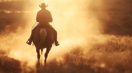 Cowboy riding a horse through a dusty landscape at sunsetの素材