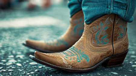 Cowboy boots with intricate designs on a city street during daytimeの素材