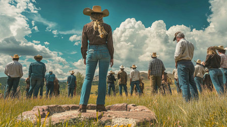 A group of cowboys gathering for a ranch meeting under a blue sky in the afternoonの素材