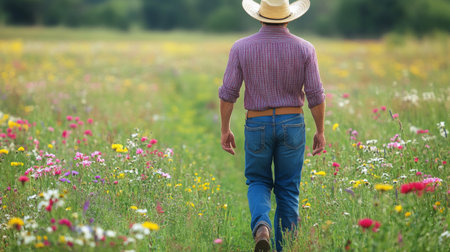 A cowboy walks through a vibrant wildflower field on a sunny dayの素材