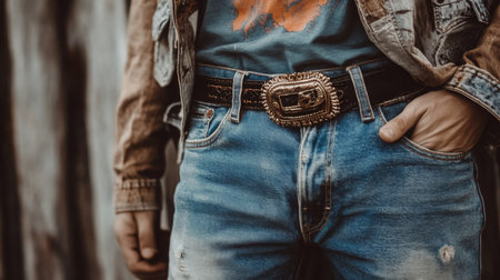 Man wearing denim jeans and a western belt with a graphic tee in a rustic outdoor settingの素材