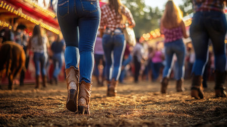 Cowgirls walking in denim at a lively country fair in the evening sunlightの素材
