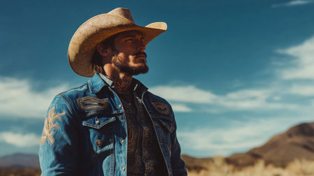 Cowboy standing in a wide-open landscape during golden hour, wearing hat and denim jacketの素材