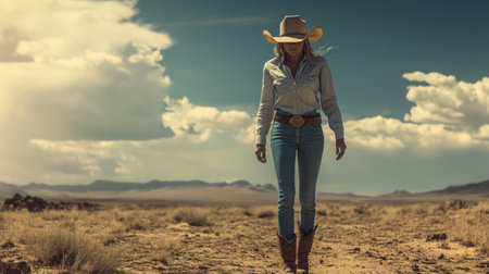 Cowgirl walking through a desert landscape under a cloudy sky at middayの素材
