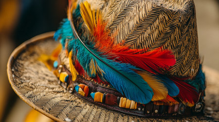 Colorful feathered hat displayed at a cultural festival in a vibrant outdoor settingの素材