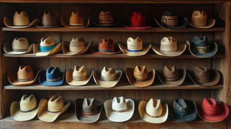 A collection of diverse cowboy hats displayed on wooden shelves in a rustic settingの素材