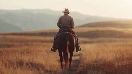 Cowboy riding a horse through golden grasslands at sunset in a tranquil landscapeの素材
