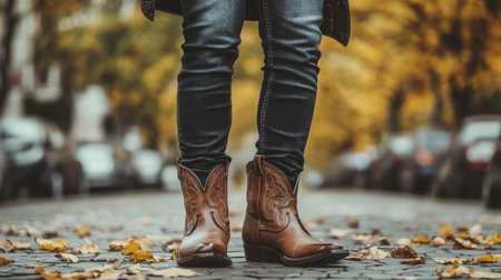 Cowboy boots on cobblestone street surrounded by autumn leaves in a cityの素材