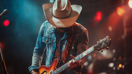 Country musician performing live on stage with guitar in vibrant concert atmosphereの素材