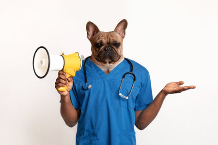 French Bulldog Doctor Holding Megaphone and Gesturing With Handの写真素材