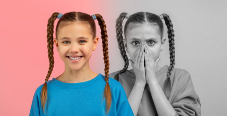 Joyful Girl Transitioning From Happiness to Surprise in Studio Settingの写真素材