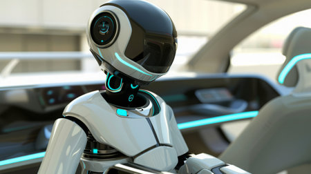 Autonomous Robot Assistant Driving Modern Electric Vehicleの素材