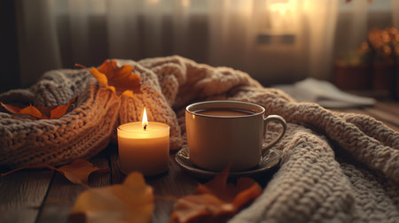 Cozy autumn atmosphere with a warm drink, candle, and soft scarf on a wooden tableの素材