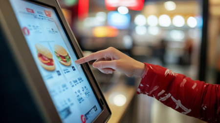 Person using touchscreen menu to order food at restaurant during busy hoursの素材