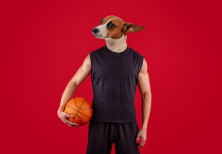 Dog Head Man Holding Basketball In Front Of Red Backgroundの写真素材