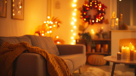 Cozy Living Room Decorated With Warm Lights and Autumn Wreath in the Eveningの素材