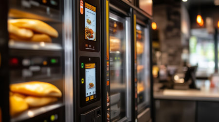Automated food vending machines displaying various snacks in a modern cafe settingの素材