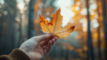 Holding a Vibrant Yellow Maple Leaf in a Forest During Autumnの素材