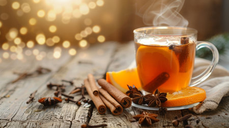Warm Spiced Tea With Citrus and Spices on Rustic Wooden Table With Bokeh Backgroundの素材