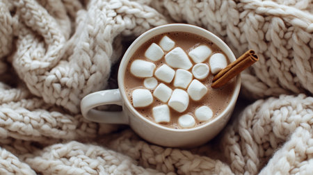 Cozy mug of hot chocolate with marshmallows and cinnamon on a knitted blanketの素材