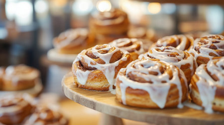 Freshly baked cinnamon rolls with icing displayed on a wooden stand in a cozy bakeryの素材