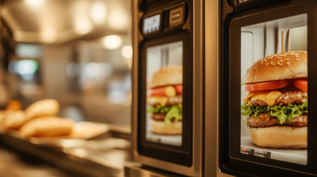 Burgers displayed in digital signage at a fast-food restaurants kitchen in the eveningの素材