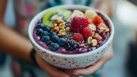 Colorful smoothie bowl topped with fresh fruits and nuts at a cafeの素材