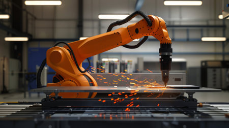 Industrial Robot Arm Cutting Metal in Factoryの素材