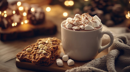 Warm cup of hot chocolate with marshmallows and biscuits on a cozy tableの素材
