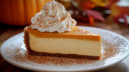 Slice of pumpkin cheesecake with whipped cream and sprinkle of cinnamon in autumn settingの素材