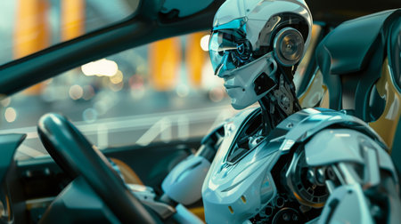 Futuristic Robot Driving Car in Cityの素材