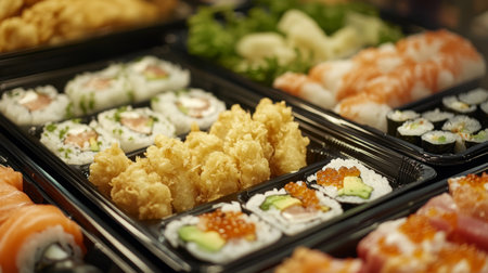 Delicious sushi platter featuring various rolls and fried items at a local restaurantの素材