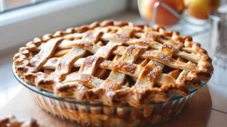 Homemade Apple Pie With Lattice Crust on Kitchen Counter in Afternoon Lightの素材
