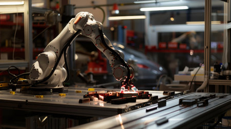 Industrial Robot Arm Assembling Components in Factoryの素材