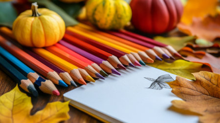 Colorful pencils arranged with autumn leaves and pumpkins on a wooden table in fallの素材