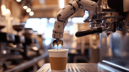 Robot arm brewing coffee in a modern cafe during the afternoonの素材