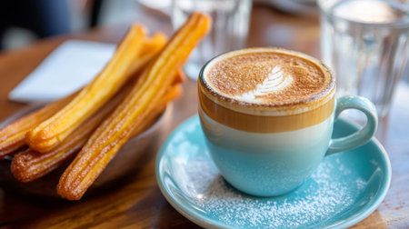 Churros and latte art served at a cozy cafe during brunch timeの素材