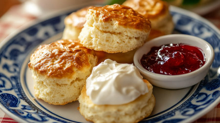 Freshly baked biscuits with jam and cream served on a decorative plateの素材