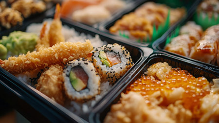 Delicious sushi platter with assorted rolls and seafood served in takeout containersの素材