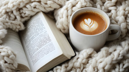 Cozy winter morning with a book and latte nestled in a knitted blanketの素材