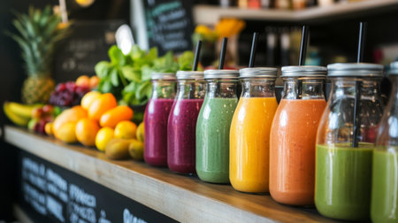 Fresh juices displayed on a wooden counter with fruits in a vibrant cafe settingの素材