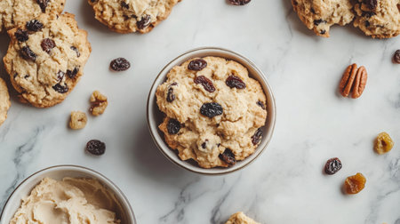 Homemade oatmeal cookies with raisins and pecans on a marble countertopの素材