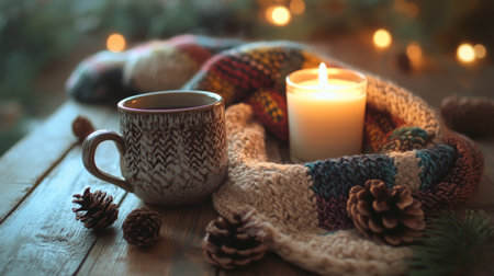 Cozy winter setting with a warm drink, candle, and knitted scarf surrounded by pineconesの素材