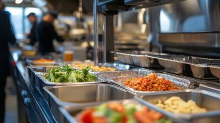 Buffet line with various dishes in a restaurant during dinner serviceの素材