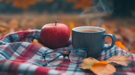 Cozy autumn setting with a steaming cup of tea, an apple, and glasses on a plaid blanketの素材