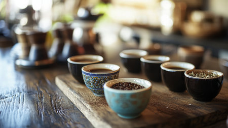 Coffee tasting on a wooden board with various cups showcasing beans and brewed coffeeの素材