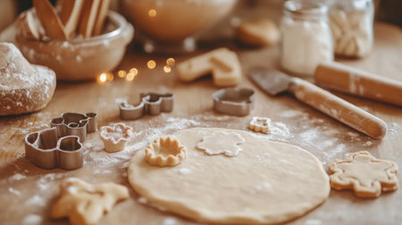 Baking cookies with various shaped cutters on a wooden countertop with flourの素材