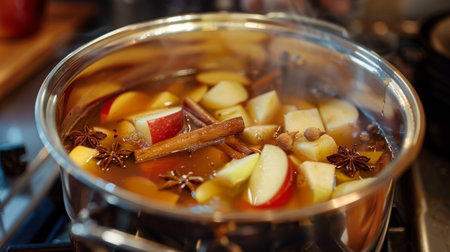 Simmering Spiced Apple Cider With Cinnamon and Star Anise on the Stoveの素材