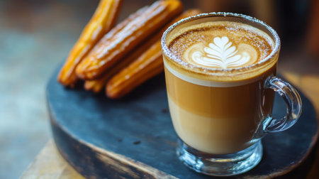 Latte art with churros on a wooden table in a cozy cafe settingの素材